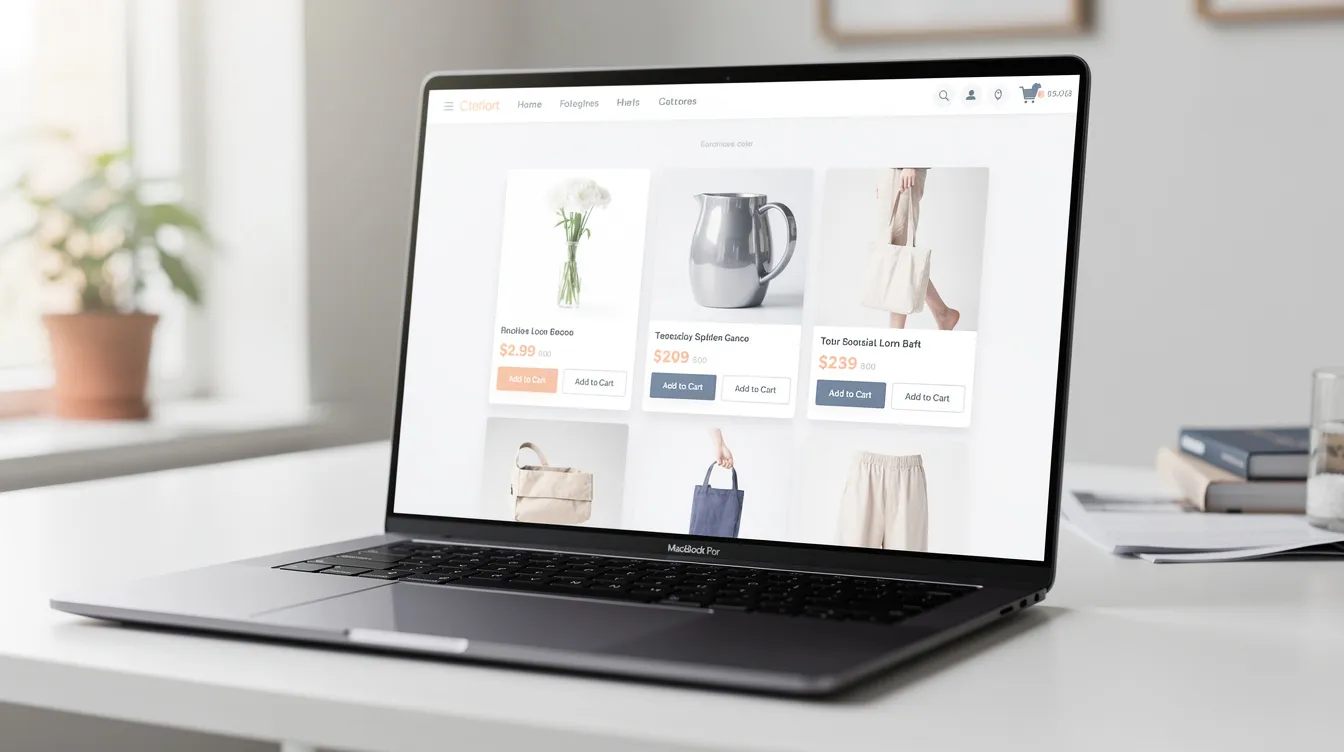 A modern laptop screen showcases a clean e-commerce storefront, featuring multiple product images and a user-friendly layout designed for high conversion rates. This digital space highlights the store building process, emphasizing creative control and the benefits of using an AI store builder like Atlas AI for effortless customization.