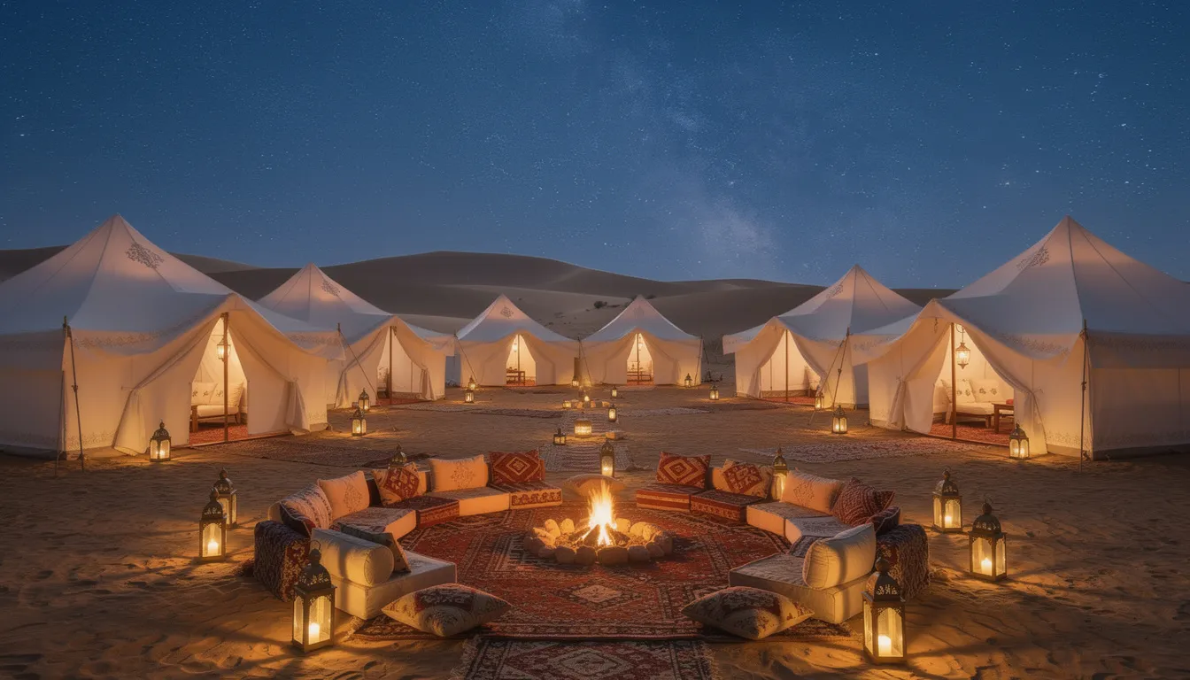 A luxurious desert camp featuring white traditional tents is set against a breathtaking starry night sky, offering an unforgettable experience in the Sahara Desert. This serene setting invites travelers to explore the rich history and culture of Morocco, making it an ideal stop on any Morocco tours itinerary.