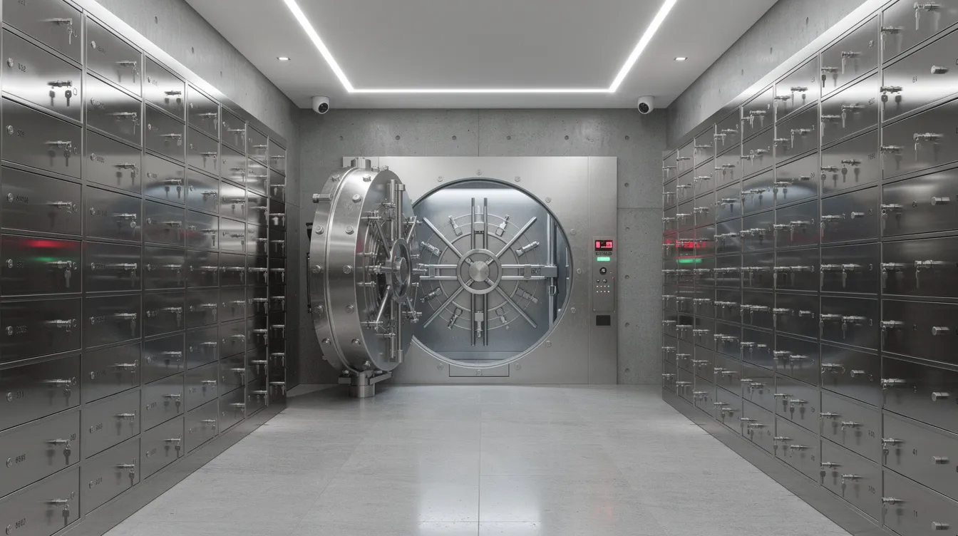 The image depicts the interior of a high-security precious metals vault, featuring numerous safe deposit boxes designed to securely store valuable items like gold coins and bullion. This environment is essential for gold IRA investors seeking to protect their retirement savings through physical precious metals investments.