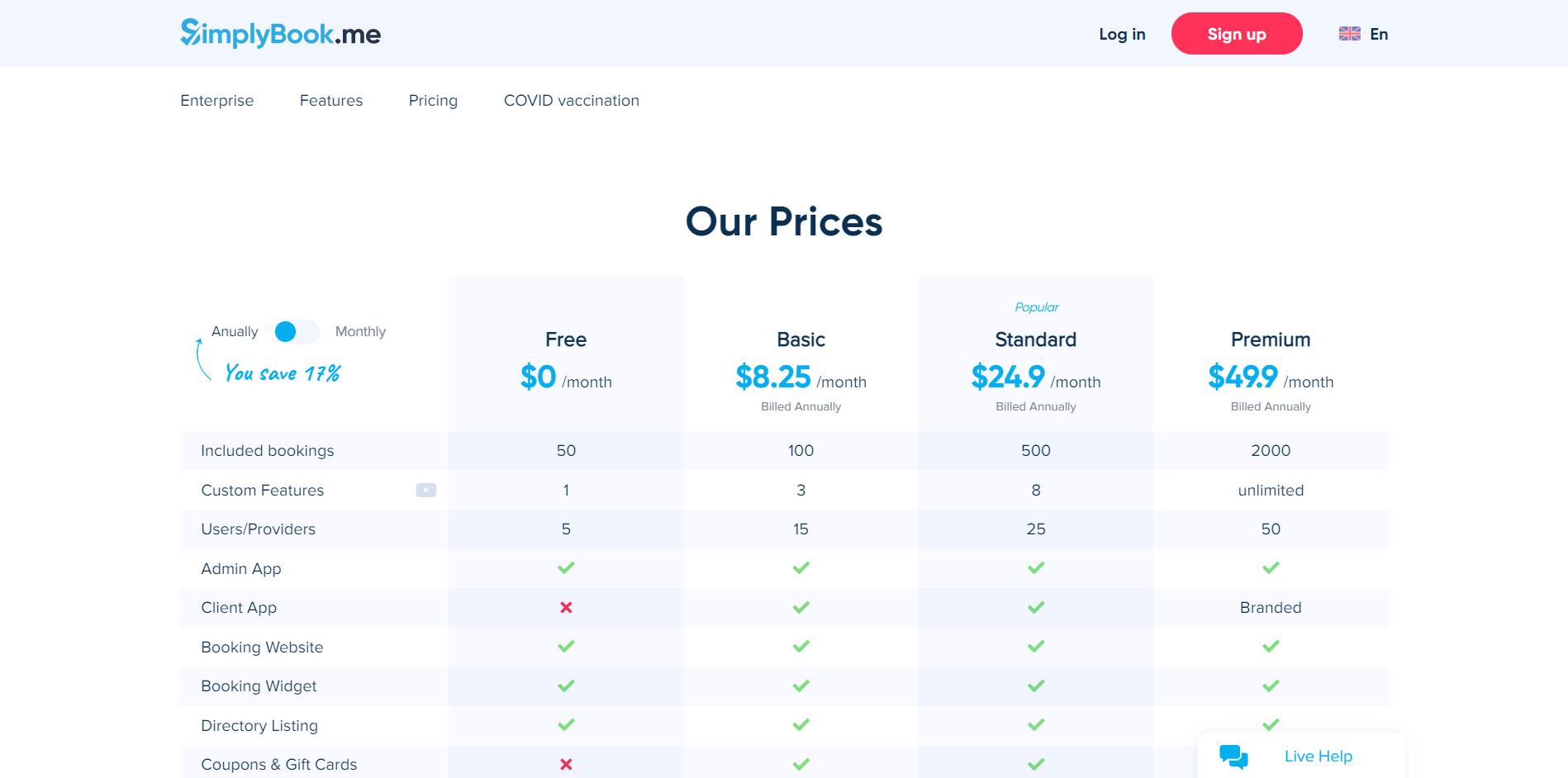 Simplybook.me Pricing Page