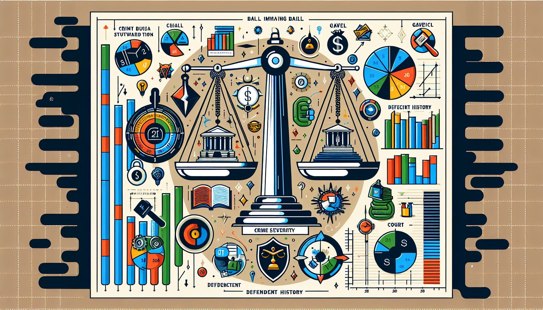 An illustration depicting various factors that influence bail amounts, including crime severity and defendant's history.