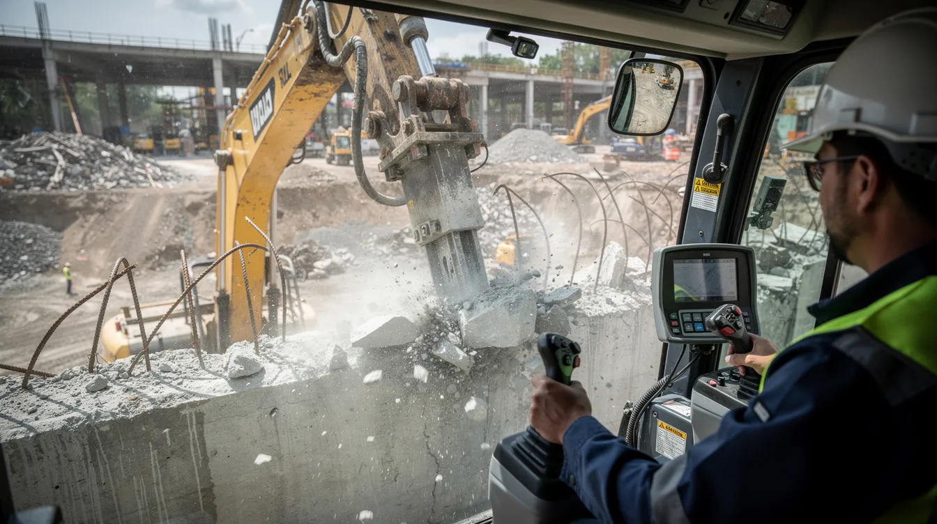 An operator is seated inside an excavator cab, skillfully controlling a hydraulic hammer as it breaks through a concrete foundation. The hydraulic breaker efficiently demolishes the material, showcasing its power and proven durability in construction operations.