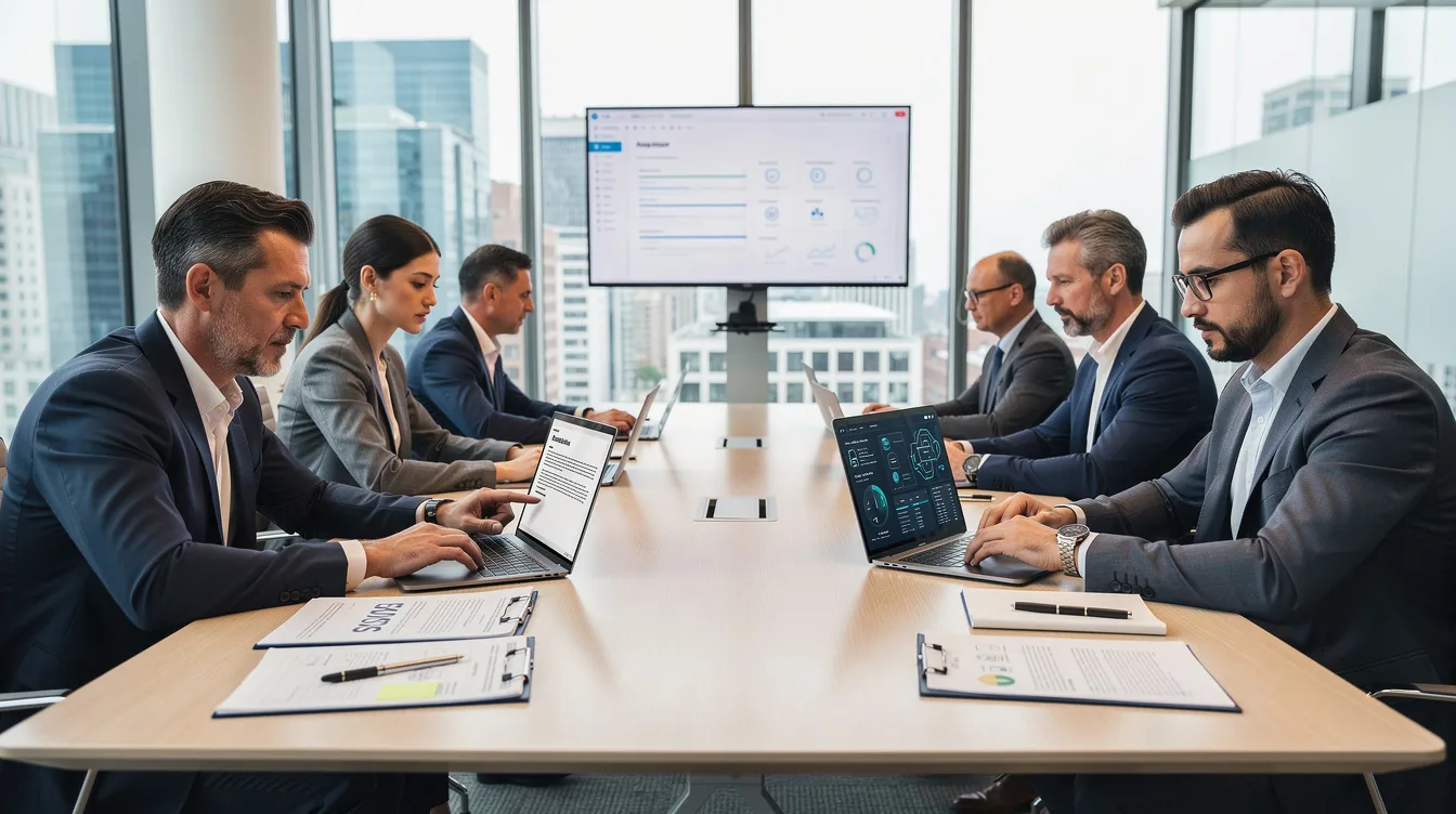 Un gruppo di professionisti del procurement e della cybersecurity analizza documenti su laptop in una sala riunioni moderna, discutendo delle best practice per la gestione del rischio dei fornitori e della sicurezza informatica. L'attenzione è rivolta alla valutazione dei rischi e alla conformità agli standard come l'ISO IEC 27001.