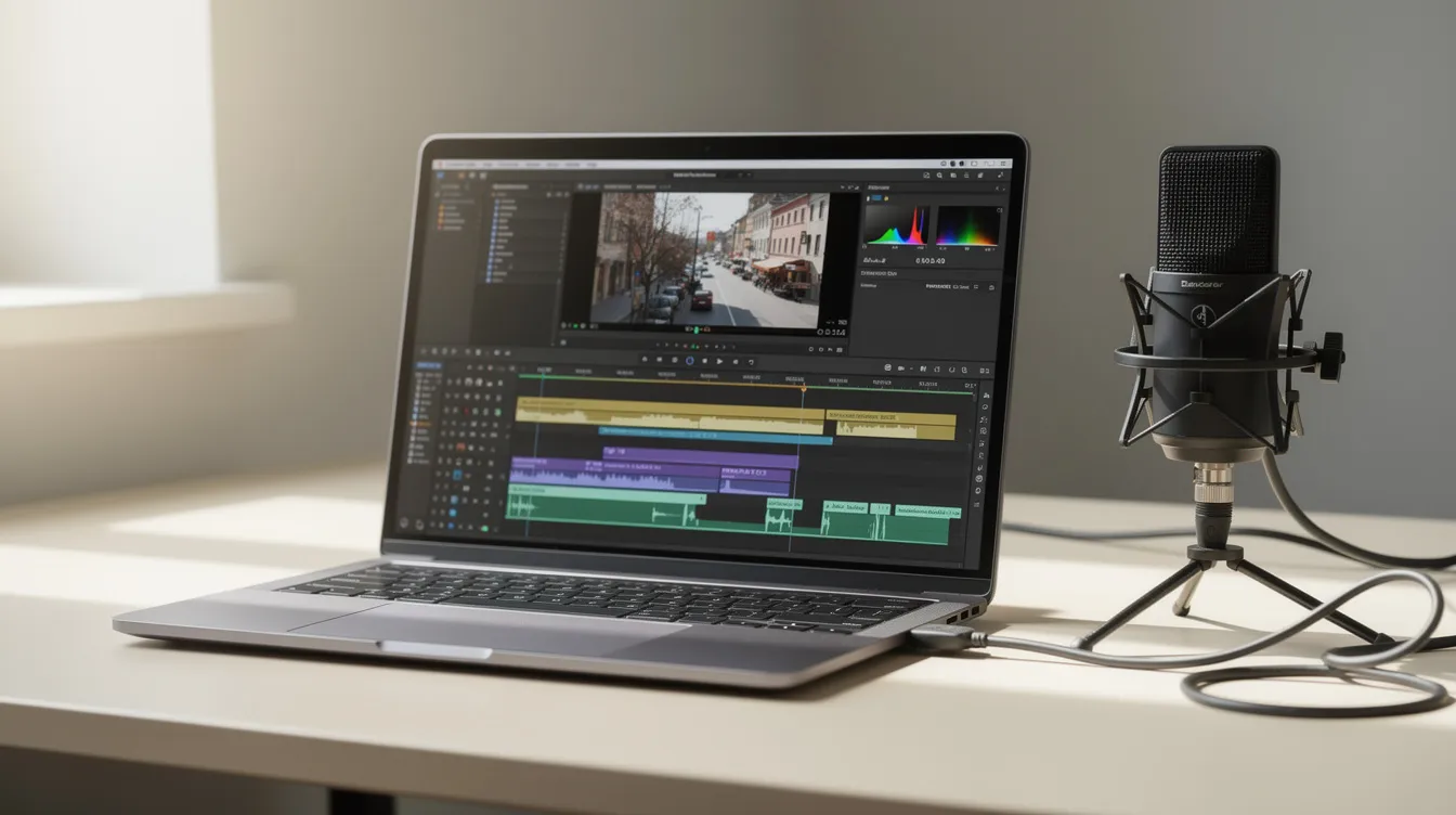 Auf einem hellen Schreibtisch steht ein Laptop mit geöffneter Videoschnittsoftware, daneben befindet sich ein Mikrofon auf einem kleinen Tischstativ. Die Szene vermittelt eine kreative Arbeitsumgebung für Videoaufnahmen und Audioqualität.