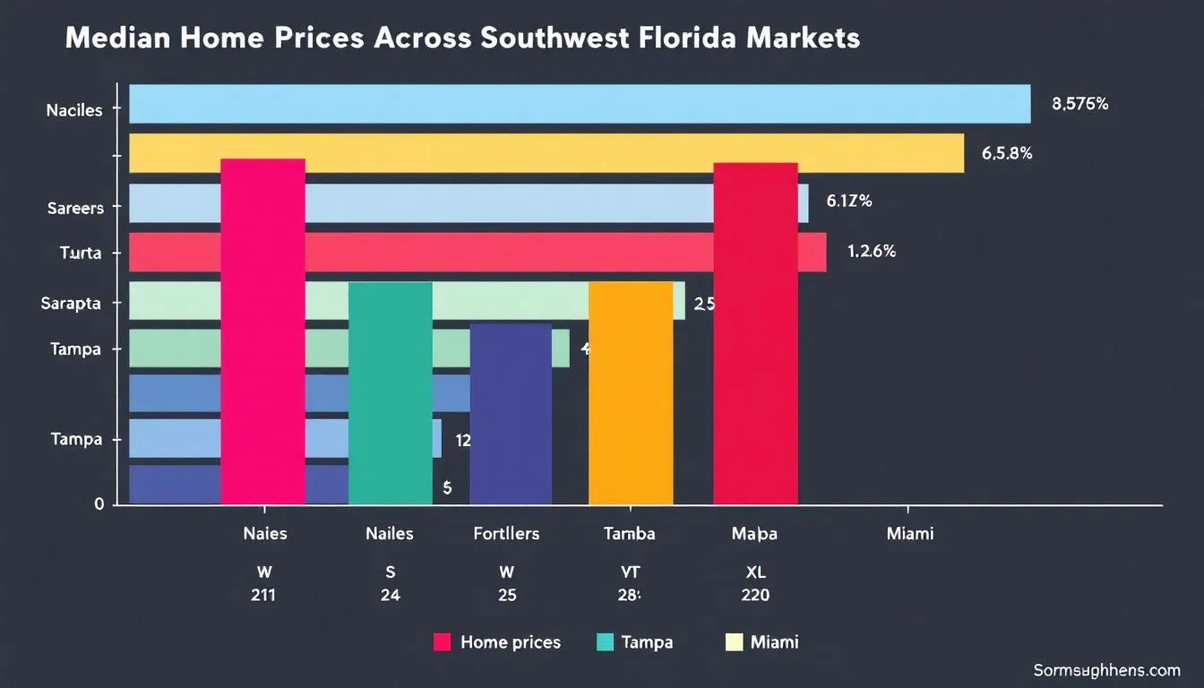 The image is a comparison chart displaying the median home prices across various Southwest Florida markets, including Fort Myers Shores. It provides valuable data for prospective property consumers interested in purchasing homes in the area, helping them identify potential real estate opportunities.