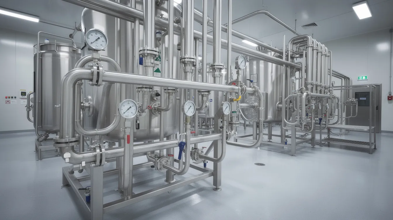 The image depicts industrial stainless steel dairy processing equipment, featuring an intricate network of pipes, valves, and pressure gauges within a modern milk processing facility. This setup is essential for the homogenization and pasteurization processes, ensuring the production of high-quality, shelf-stable milk products while maintaining food safety and microbiological safety standards.