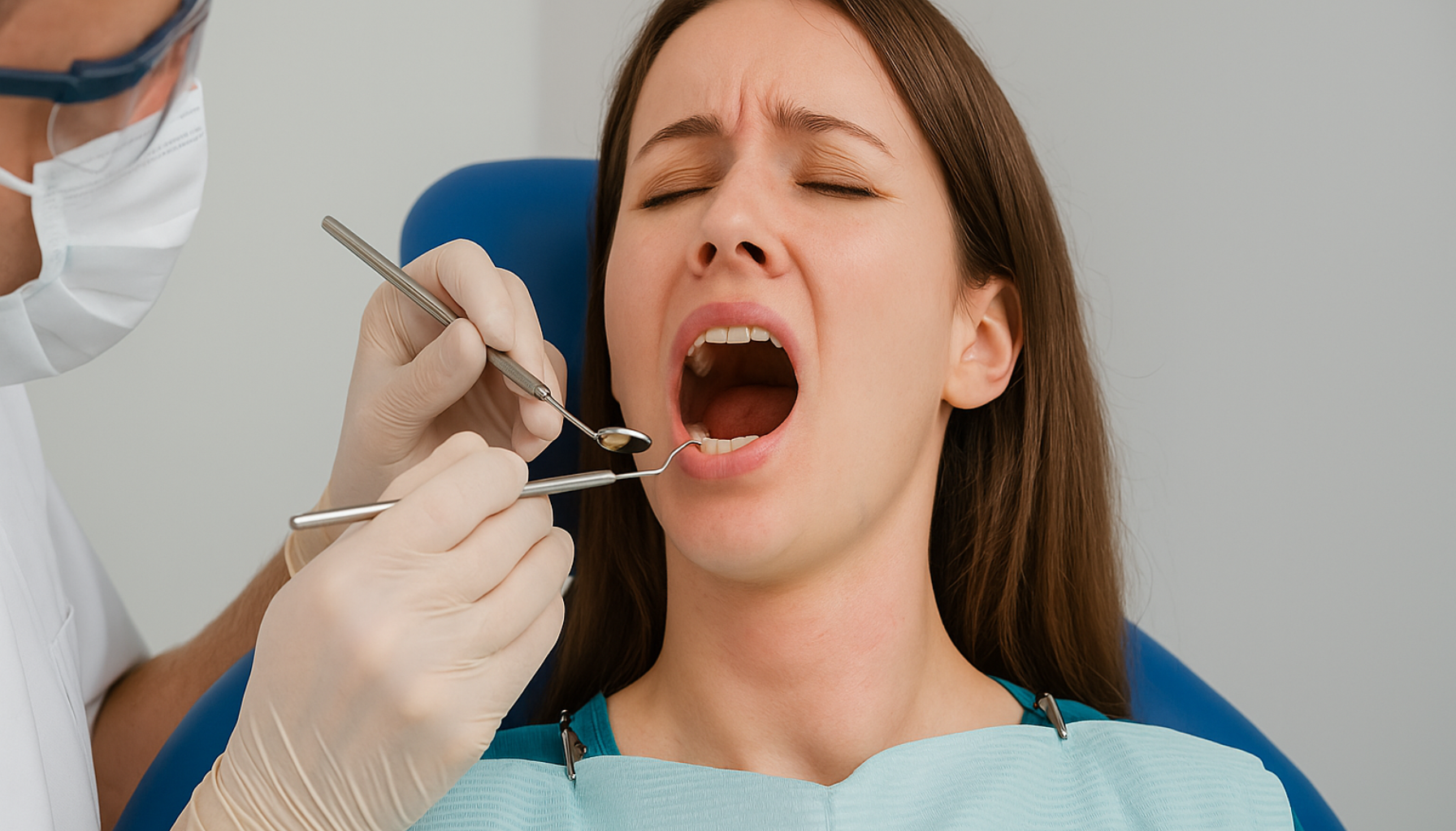 Kvinne hos tannlege med forstørret skjoldbruskkjertel i nakken undersøkes i tannlegestol under behandling.