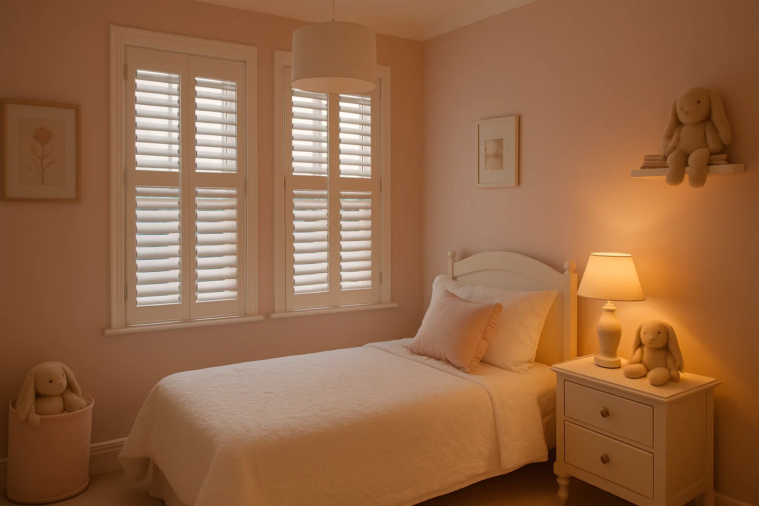 Blush pink walls with white plantation shutters in a UK bedroom