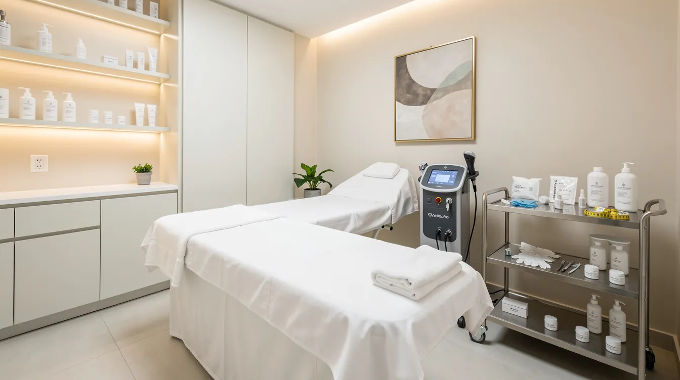 The image depicts a clean and modern medspa treatment room featuring a comfortable procedure table and neatly arranged medical supplies, prepared for a body contouring appointment. This serene space is designed for treatments such as liquid BBL and injectable fillers, aiming to achieve natural-looking results for patients seeking subtle enhancements.