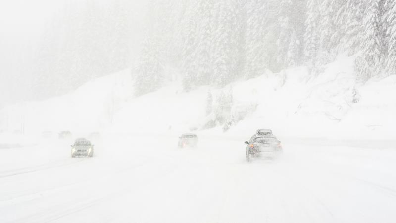 Cars driving through heavy snowfall.