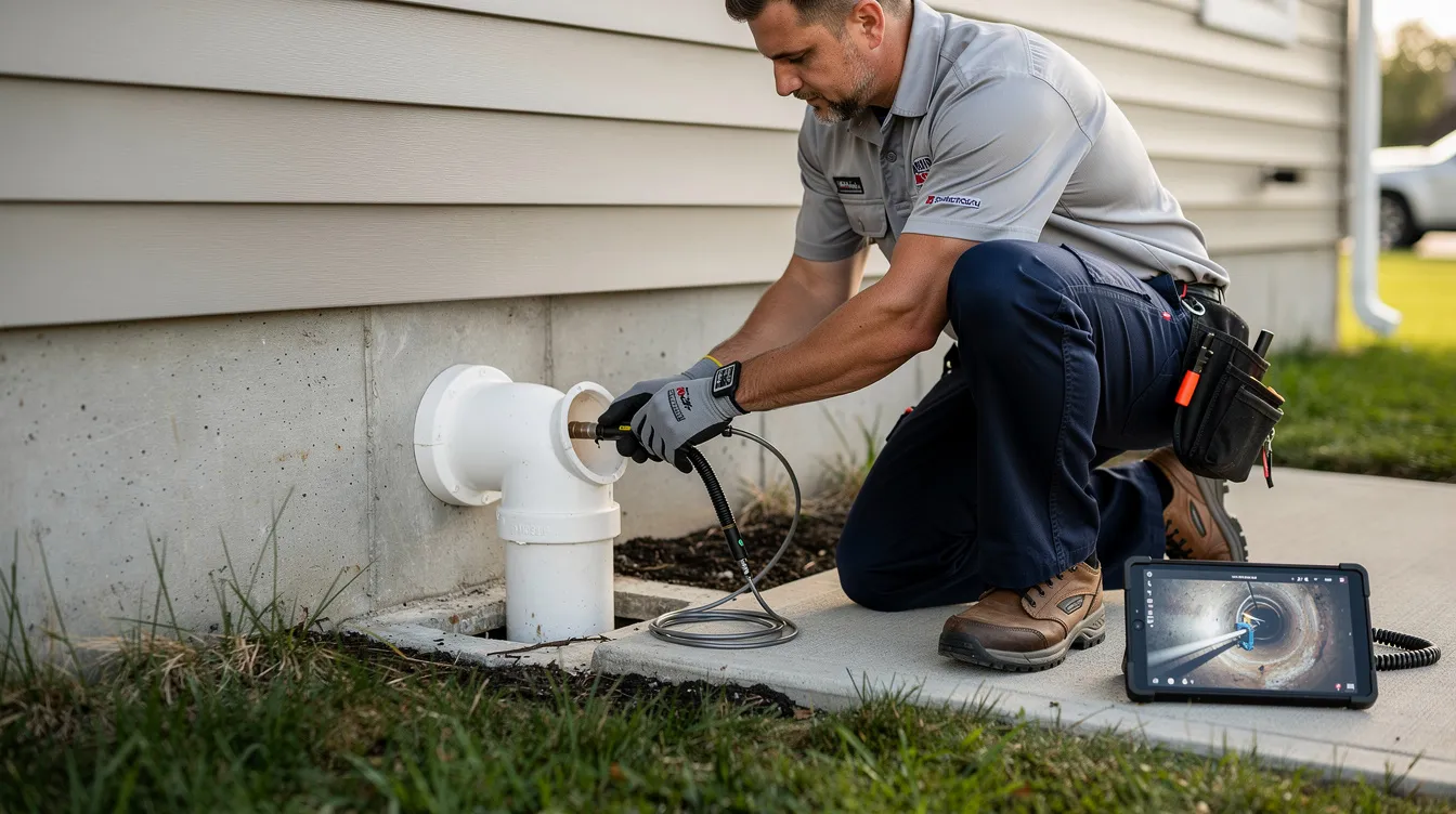 A professional plumber is seen carefully inserting camera equipment into a residential cleanout access point to inspect the sewer line for any potential issues. This inspection is crucial for identifying problems such as damaged pipes or blockages that may require sewer line repair.