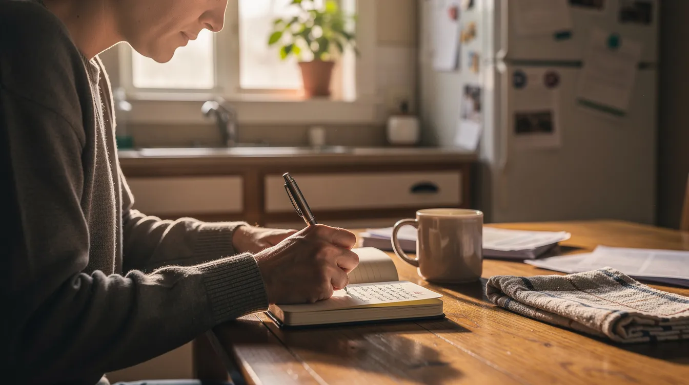 A person is seated at a kitchen table, writing notes in a small journal, possibly documenting their experiences with autoimmune diseases like lupus or rheumatoid arthritis. The scene reflects a moment of reflection, which may be related to their health challenges and the process of applying for social security disability benefits.