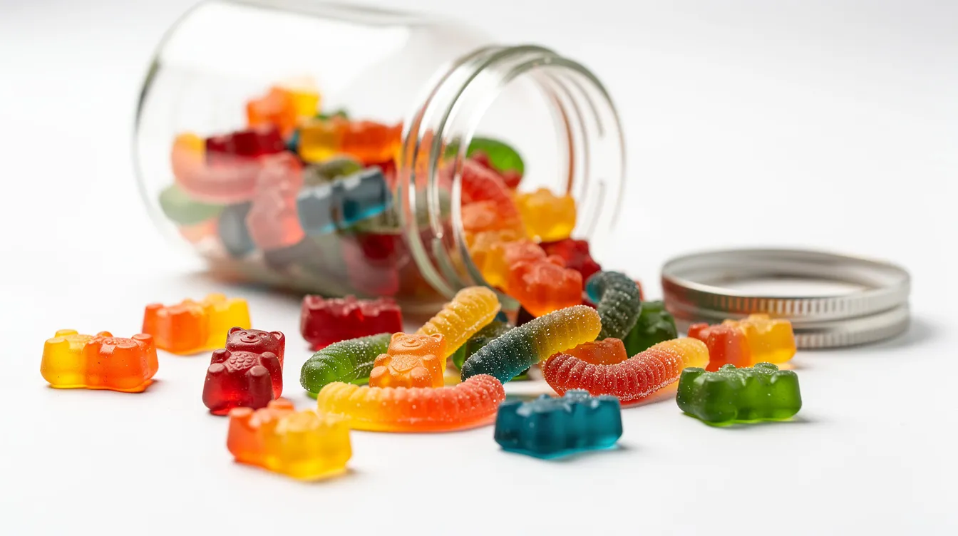 The image features an assortment of colorful gummy candies arranged neatly on a white surface, with a glass jar nearby, creating a vibrant and playful scene. These candies may be reminiscent of products that could include cannabinoids like delta 8 THC, popular in many convenience stores.