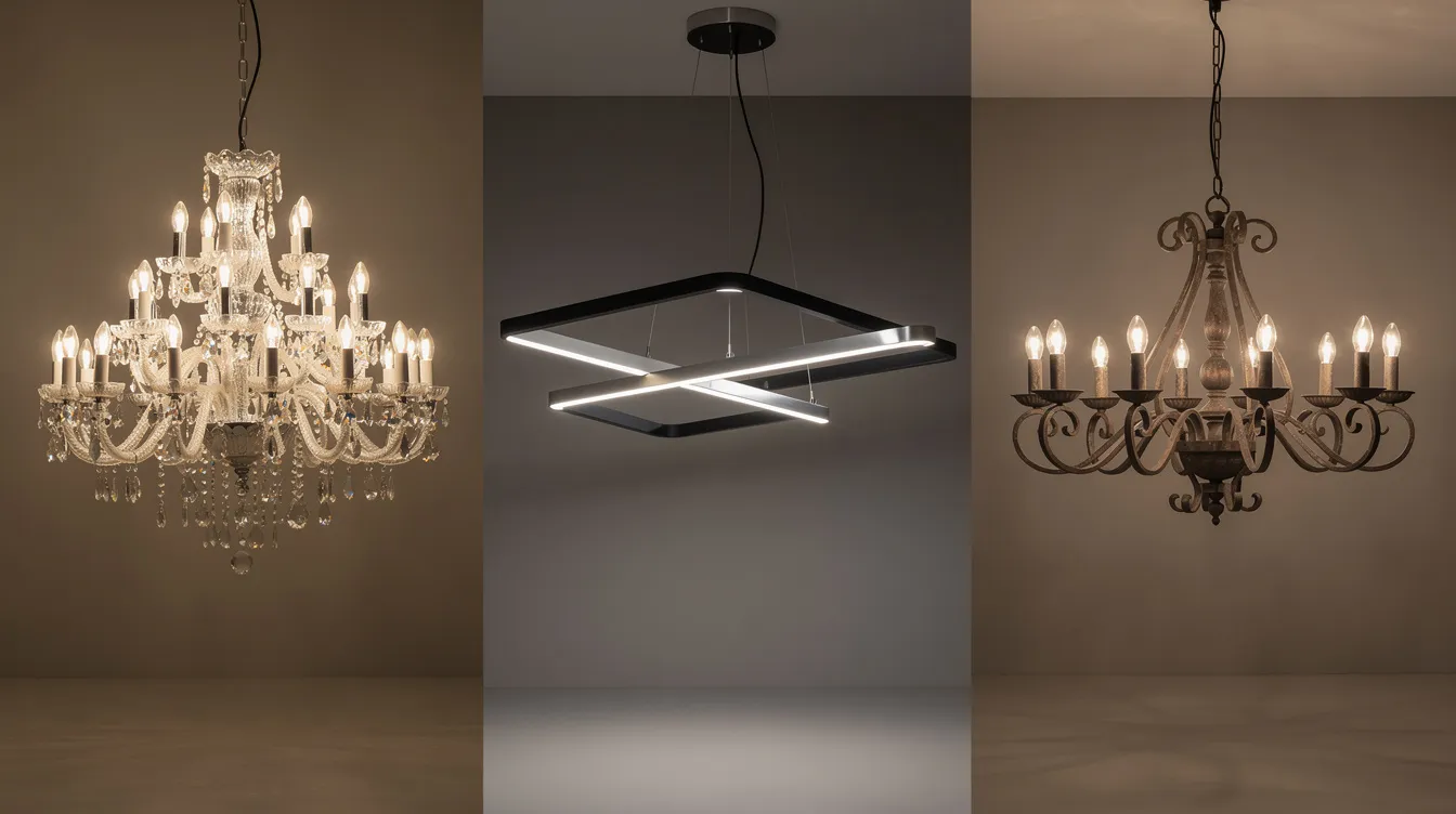 Bilden visar olika ljuskronor sida vid sida, inklusive eleganta kristallkronor, moderna LED-modeller och stiliga smideskronor. Dessa olika stilar erbjuder en mångfald av belysningsalternativ som passar perfekt i olika rum och inredningar.