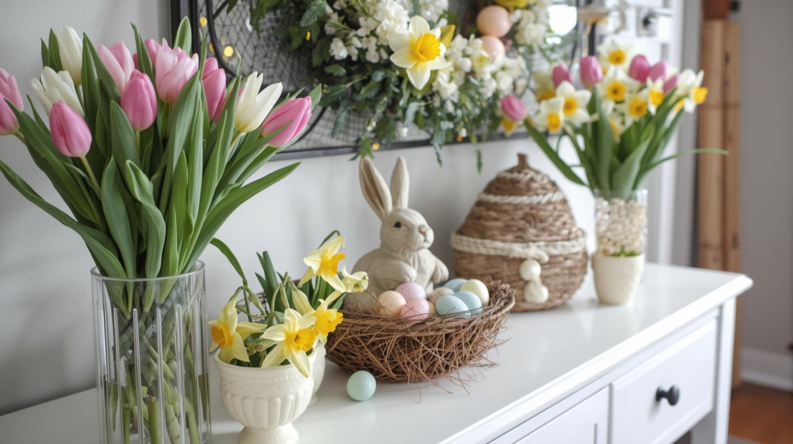 Entryway decor with fresh spring flowers