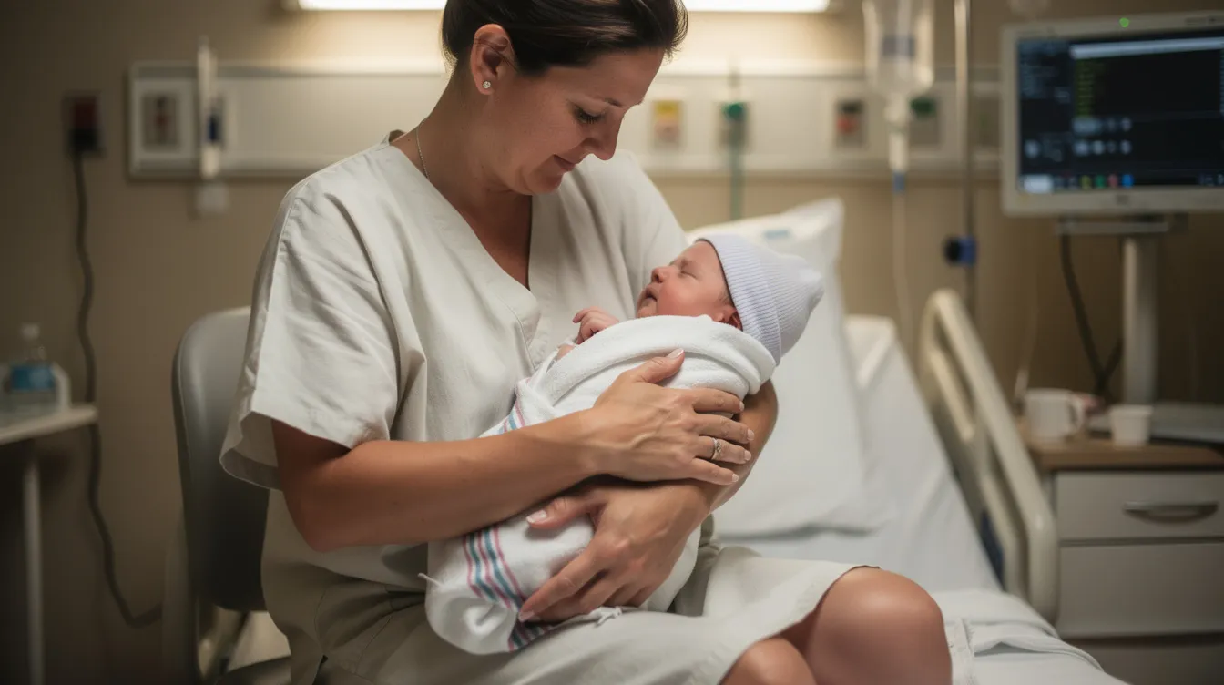 A parent is gently cradling a newborn baby in a hospital setting, showcasing the tender bond between them. This moment highlights the importance of attentive healthcare, as birth injuries can occur due to medical negligence, impacting both the child and the family.