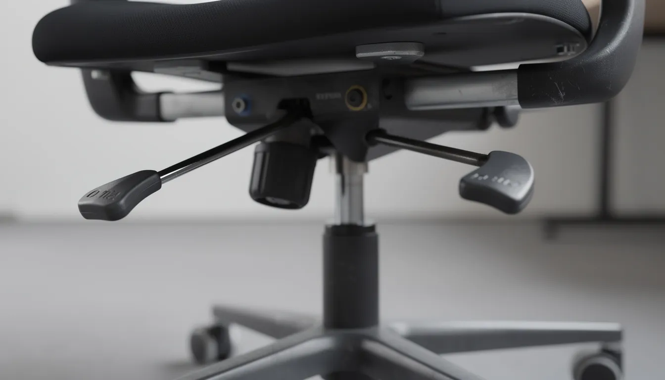 Närbild på justeringsmekanismen av en kontorsstol som visar reglagen för höjd och lutning, vilket möjliggör anpassning för optimal komfort och ergonomi under långa arbetsdagar. Denna funktion är avgörande för att hitta rätt position och minska risken för dålig hållning.