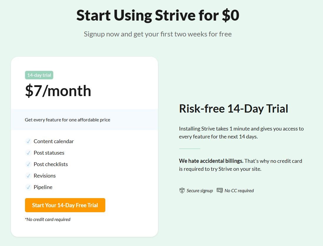 StriveCalendar pricing and free trial