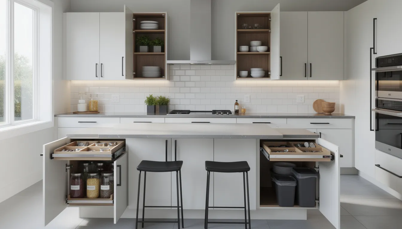 The image depicts a modern kitchen featuring updated hardware and organized storage solutions, enhanced by natural light streaming through a large window. The clean lines and wood tones of the cabinetry create a harmonious decor style, making a significant difference in the overall aesthetic of the space.