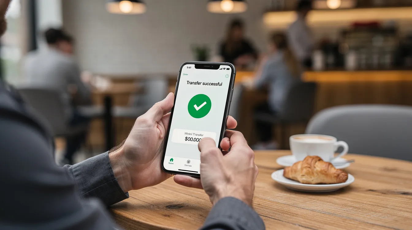 A person is sitting in a cafe, holding a smartphone that displays a money transfer confirmation screen with a green checkmark, symbolizing successful digital banking solutions. This scene highlights the convenience of managing an allied bank roshan digital account without visiting bank branches, especially for overseas Pakistanis.