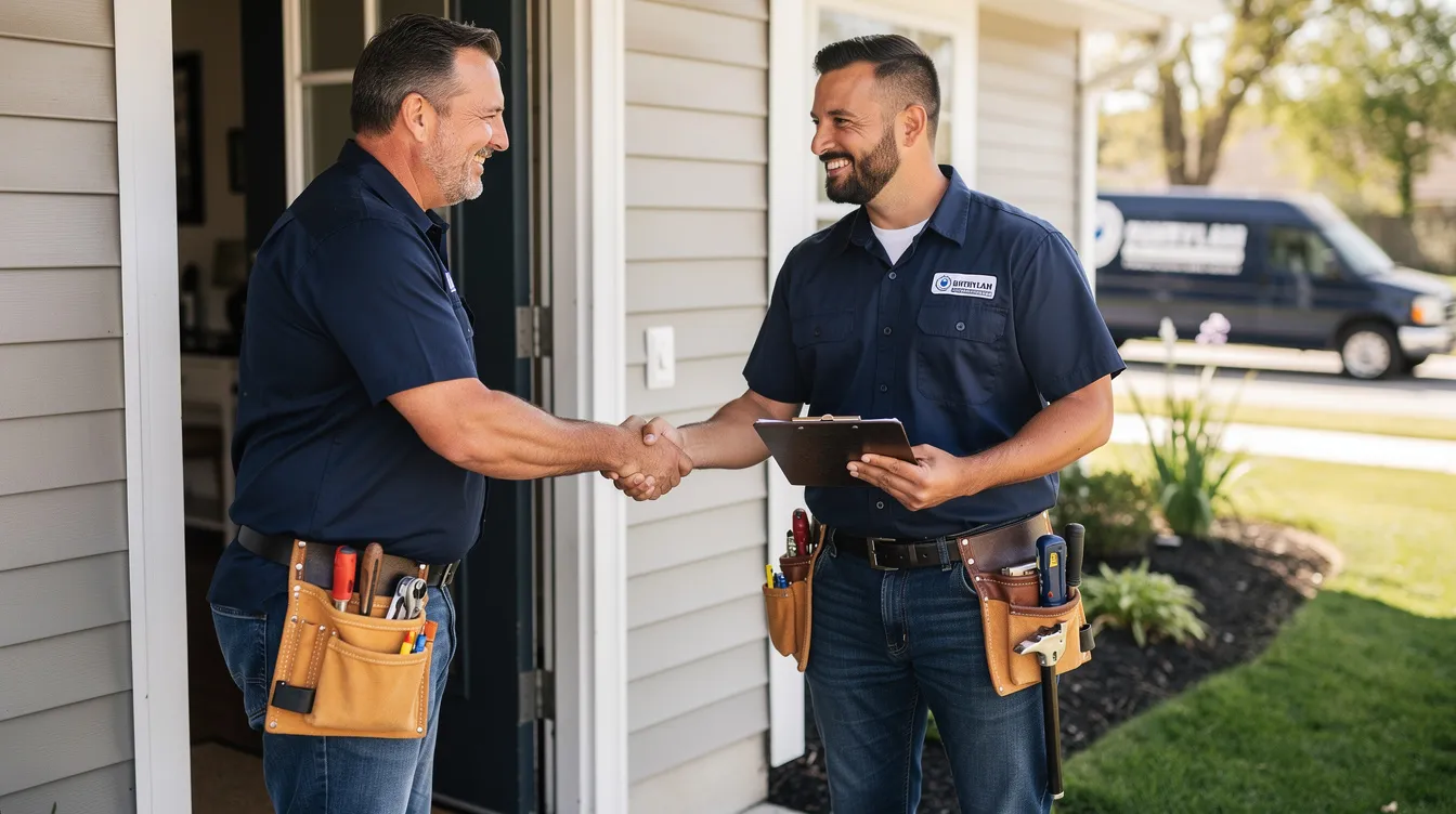 A professional plumber in uniform is shaking hands with a homeowner at the front door of a house, symbolizing the beginning of plumbing services for a potential plumbing issue. This interaction highlights the importance of hiring a licensed plumber for both minor and major plumbing projects.