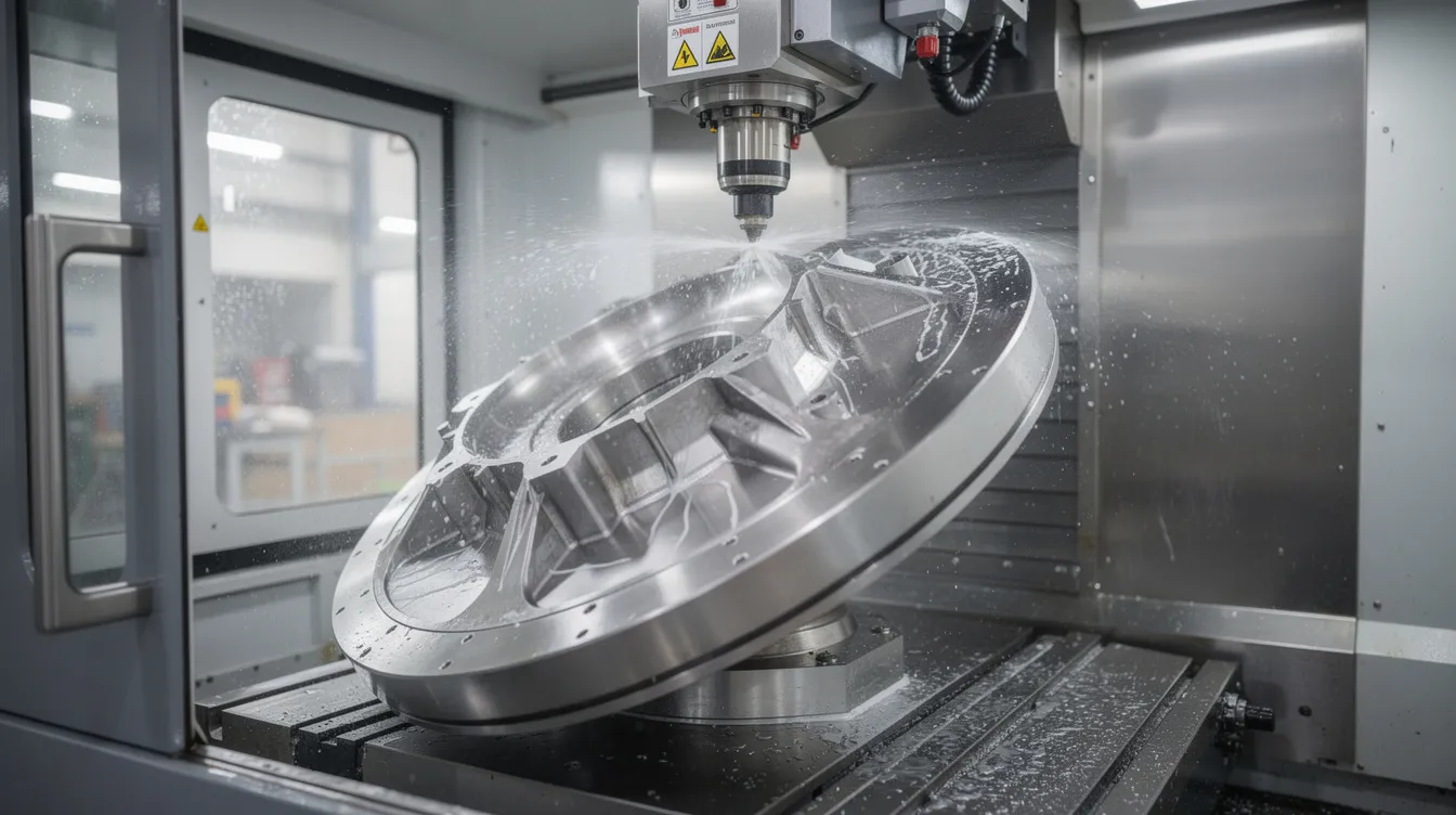The image depicts a five-axis CNC milling machine equipped with a tilting rotary table, actively machining a complex metal aerospace component from stainless steel. This advanced technology illustrates precision CNC machining capabilities essential for the manufacturing industry, particularly in producing high-quality, precision engineered components.