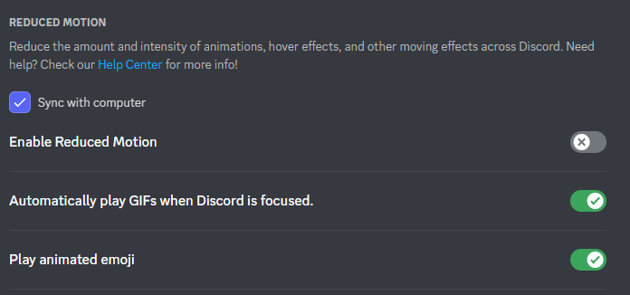 Screenshot showing the Reduced Motion Setting on Discord