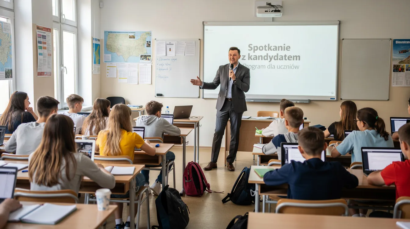 Uczniowie w sali lekcyjnej uważnie słuchają prezentacji kandydata do samorządu uczniowskiego, kt&oacute;ry stoi przy tablicy i przedstawia swoje pomysły na kampanię wyborczą. W tle widoczne są plakaty wyborcze, kt&oacute;re promują r&oacute;żne kandydatury na przedstawicieli samorządu uczniowskiego.