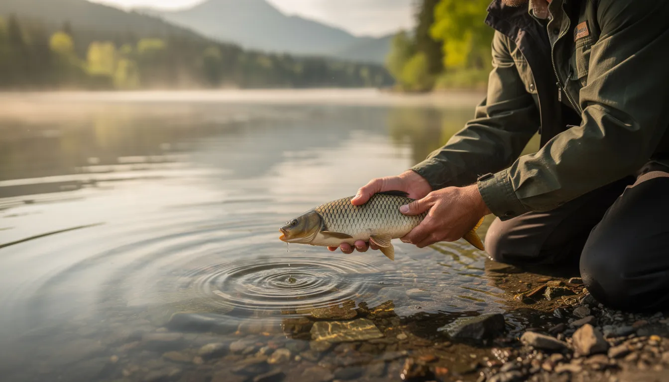 Na zdjęciu wędkarz delikatnie wypuszcza złowioną rybę z powrotem do wody, w otoczeniu malowniczego jeziora, otoczonego wysokimi drzewami. Scena symbolizuje ideę "złów i wypuść", podkreślając harmonię między wędkarstwem a ochroną środowiska.