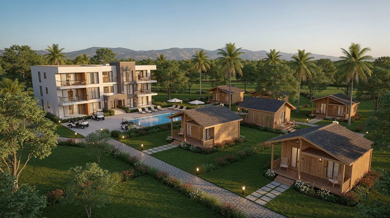 The image depicts a resort property featuring a multi-room building block alongside individual wooden cottages, all set against a lush green landscape. This setup illustrates the potential for both luxury and budget accommodations within the hospitality industry, highlighting the diverse options available for hotel projects in India.