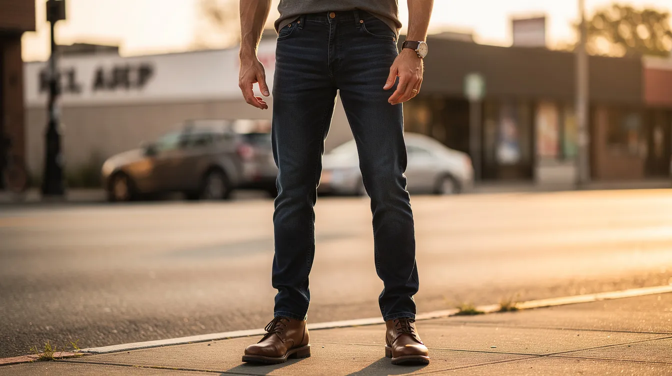 A man stands confidently outdoors on a sunlit street, wearing a well-fitted pair of dark blue jeans that highlight a flattering cut, complemented by sturdy boots. His stylish outfit exemplifies everyday wear for men's fashion, showcasing the appeal of quality jeans.