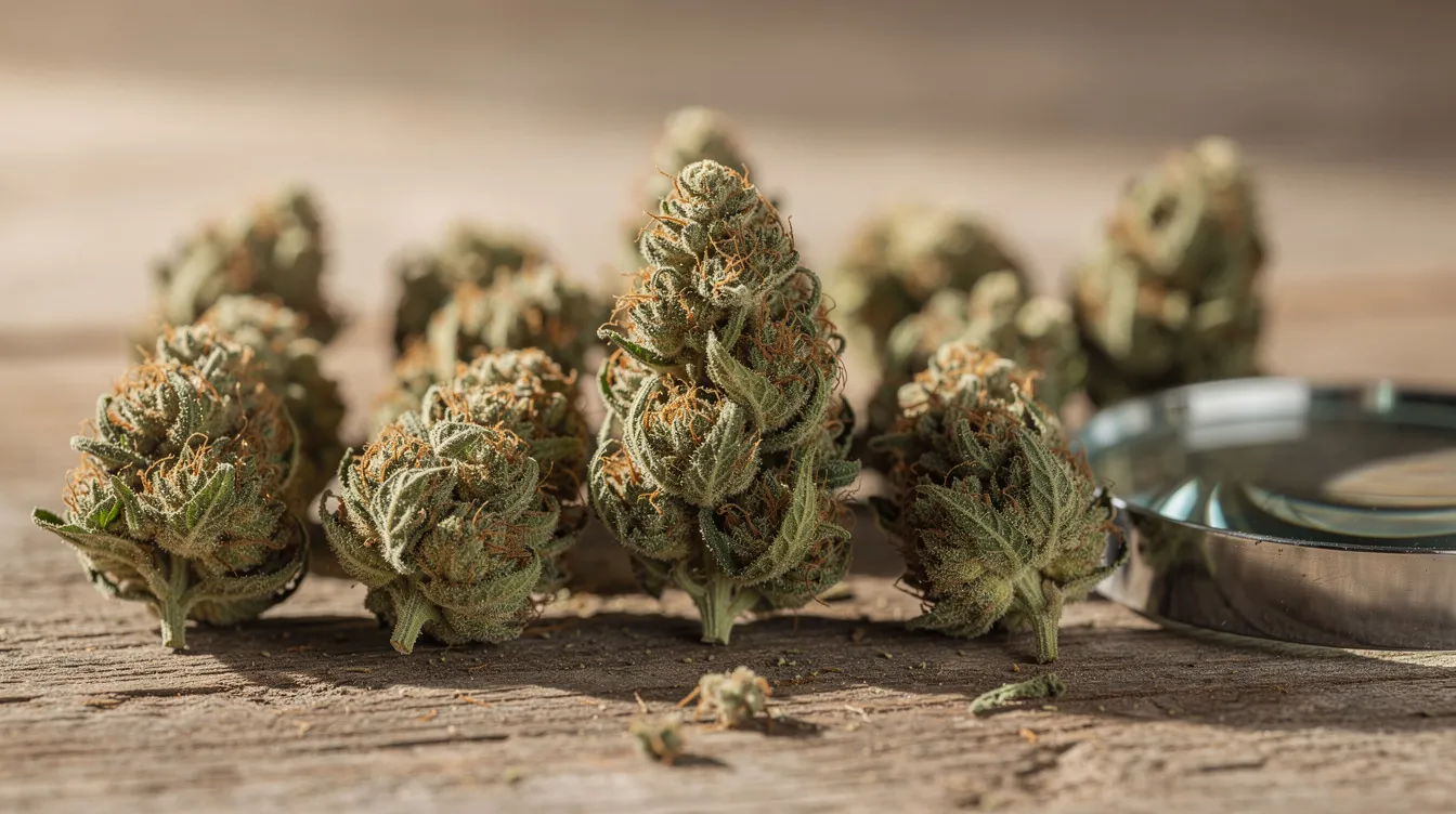 A close-up image shows dried hemp flower buds meticulously arranged on a wooden surface, with a magnifying glass placed beside them, highlighting the intricate details of the cannabis flower. This visual representation reflects the growing interest in hemp products and the legal landscape surrounding cannabis in Rhode Island, particularly for medical cannabis patients and recreational marijuana use.