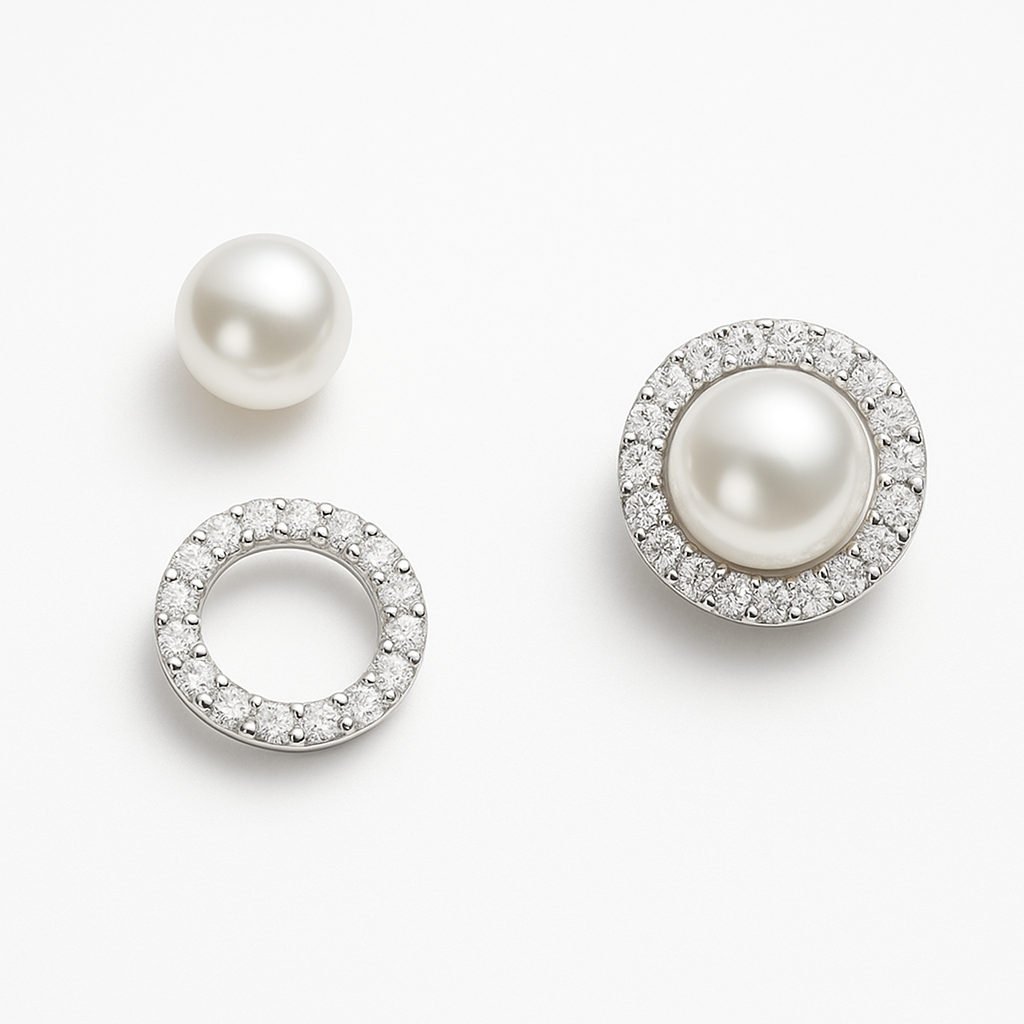 Transformer earrings / pearl stud and separate diamond halo, and full earring with pearl and diamond halo