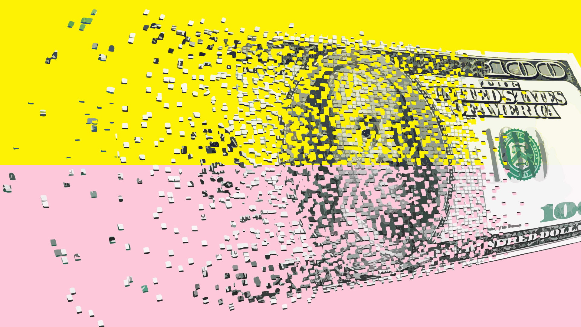 An AI image of a US dollar note breaking up into small blocks. 