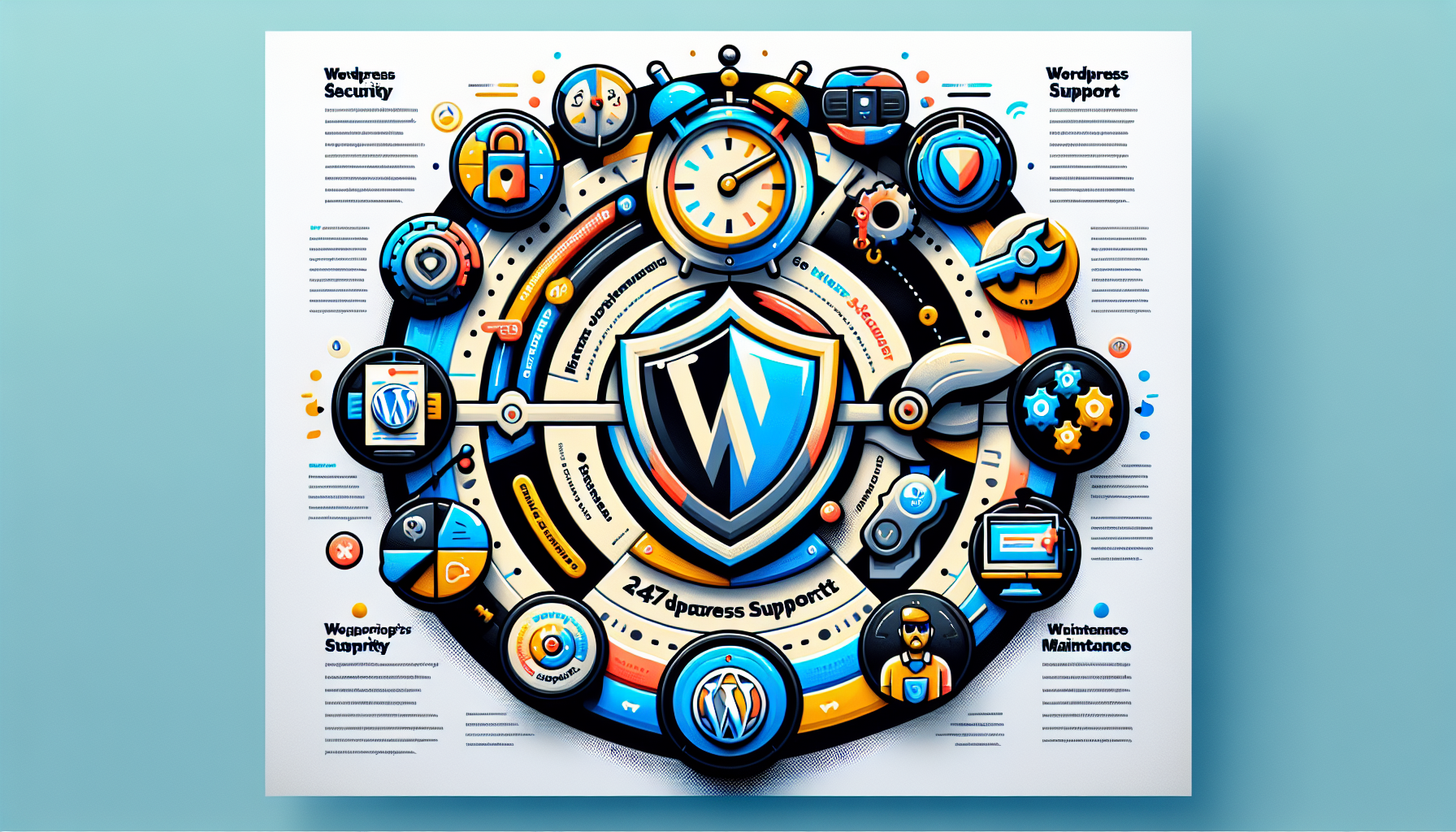 5 must have features in a wordpress support plan for 2024 illustrated in a colorful infographic.