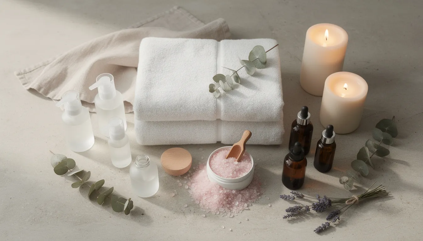 The image showcases a relaxing spa-like arrangement featuring an assortment of beauty and self-care products, including scented candles, colourful bath salts, elegant skincare bottles, and soft, fluffy towels, making it an ideal inspiration for mother's day gifts. This tranquil setup is perfect for treating your mum to a moment of relaxation and joy on any special occasion.