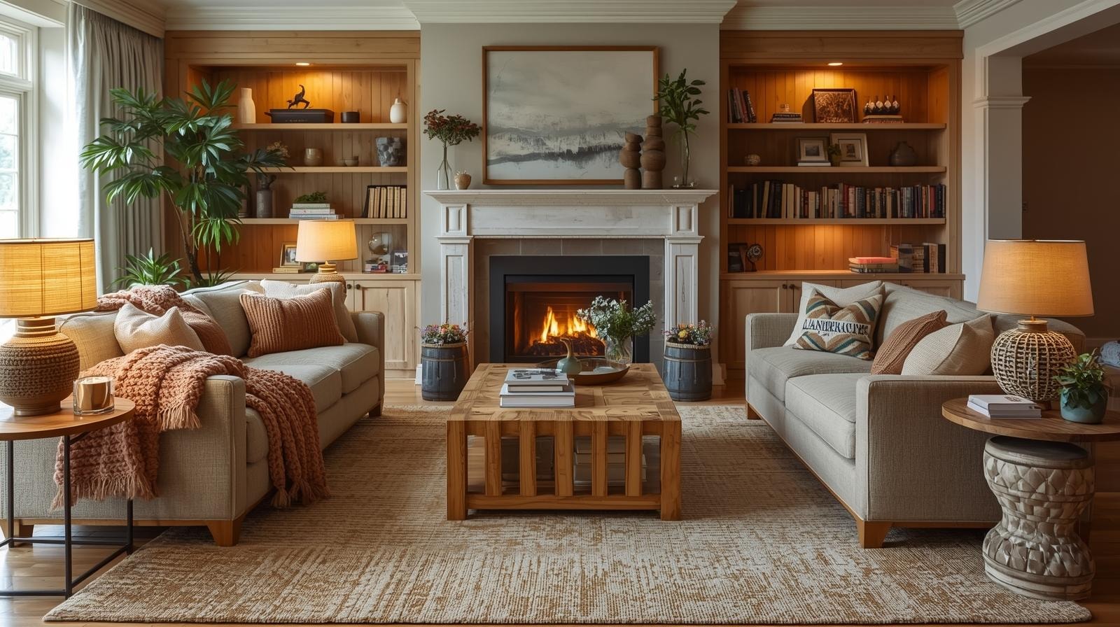 Warm cosy living room with a fire place, built-in shelves and textured elements like lamps, throws and pillows.