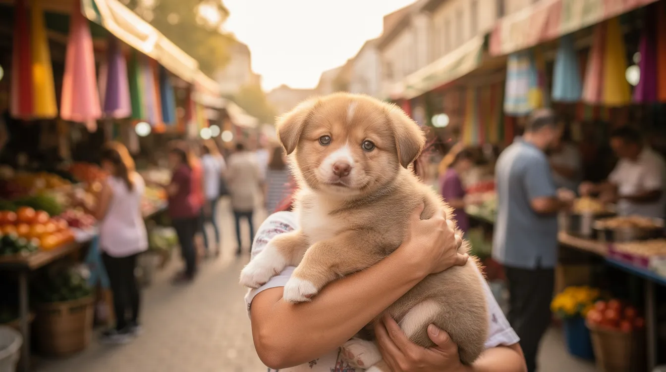 A young puppy is being gently held and carried by a person while observing the bustling atmosphere of a busy outdoor market, filled with various sounds and unfamiliar people. This moment provides a positive socialization experience for the puppy, helping it to remain calm and build positive associations with new environments.