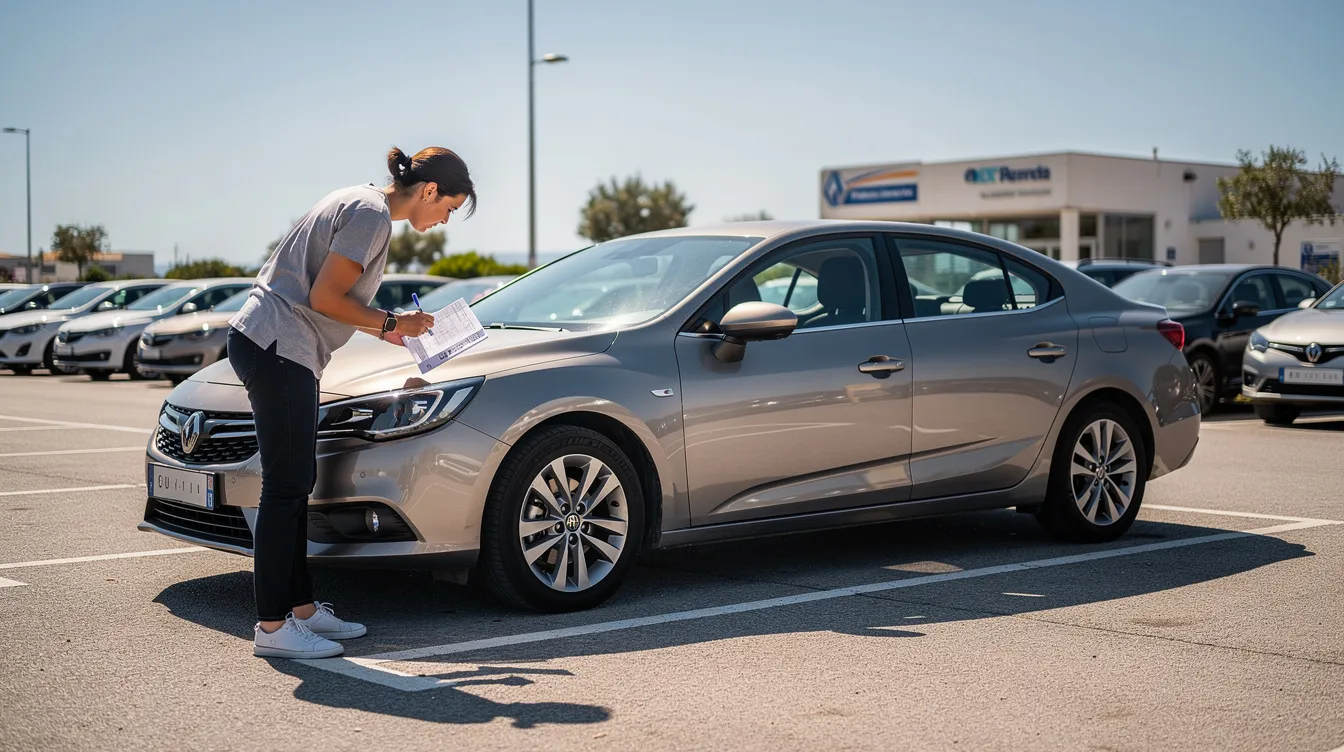 Personne inspectant l'extérieur d'une voiture de location sur un parking ensoleillé.