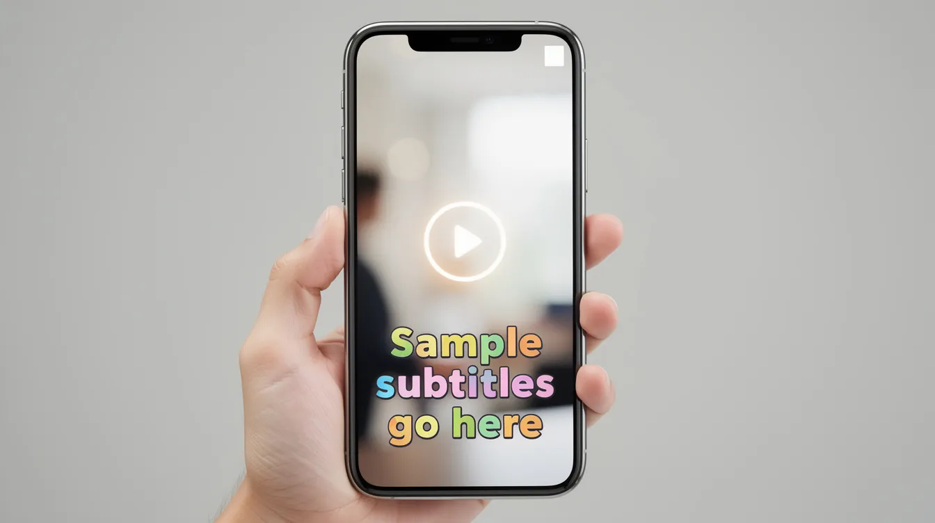 The image shows a smartphone displaying a vertical video featuring colorful subtitles and a prominent play button, illustrating how podcast episodes can be transformed into engaging video content for social media platforms. This representation highlights the concept of repurposing podcast content into short form video clips to reach a wider audience. The image shows a smartphone displaying a vertical video featuring colorful subtitles and a prominent play button, illustrating how podcast episodes can be transformed into engaging video content for social media platforms. This representation highlights the concept of repurposing podcast content into short form video clips to reach a wider audience.