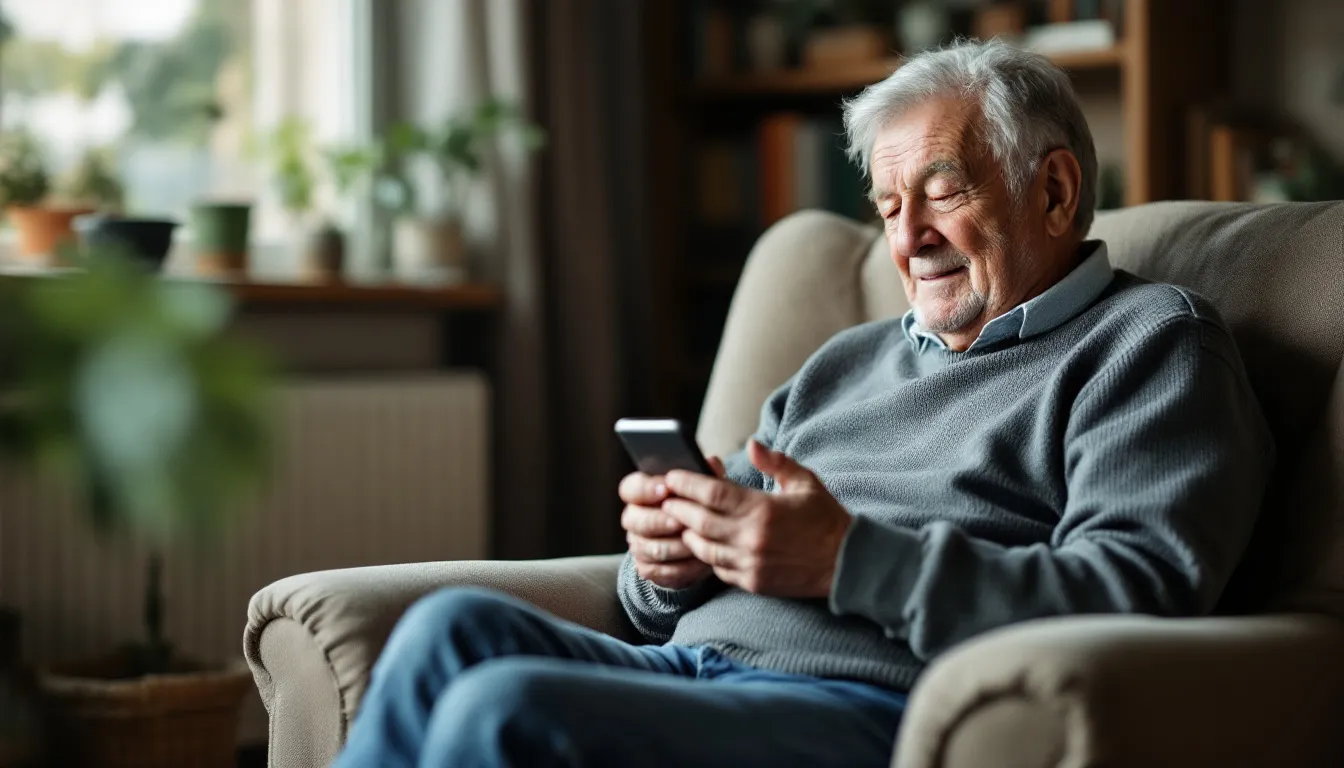 An older adult is comfortably seated in a chair, using a smartphone to stay connected, possibly exploring options like Verizon's senior phone plan or unlimited talk and text features. The scene reflects the importance of technology in enhancing communication and accessibility for seniors.