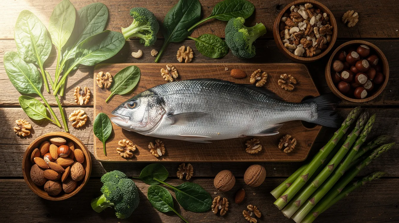 Une table en bois est garnie d'aliments frais et colorés, comprenant des poissons, des légumes verts croquants et des noix. Cette composition évoque une alimentation saine, essentielle pour maintenir une peau éclatante et prévenir les imperfections comme l'acné hormonale.