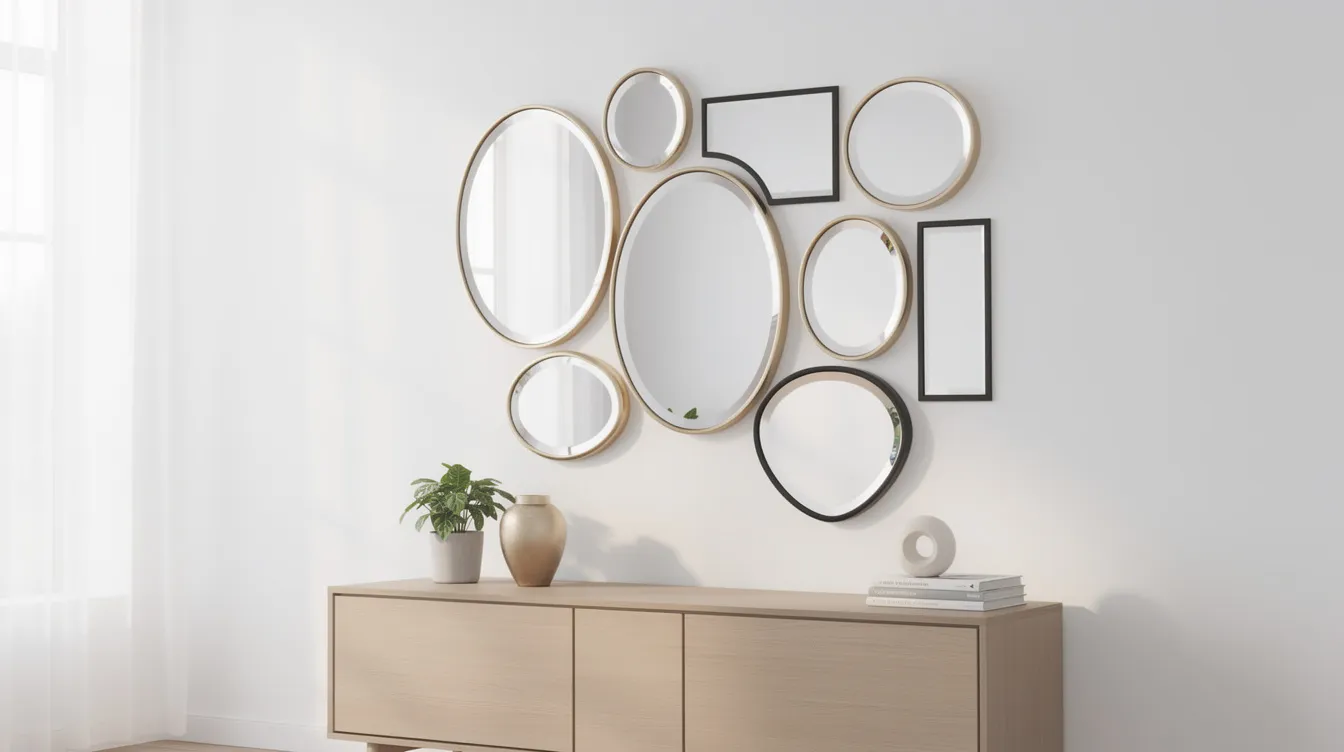 En vägg med många olika storlekar av dekorativa speglar hänger ovanför en sidobord, vilket skapar en modern och stilren inredningsdetalj. Speglarna är i olika former och färger, vilket ger en intressant visuell effekt och reflekterar ljuset i rummet.