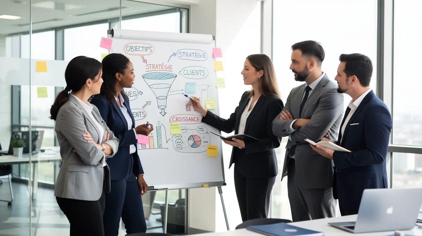 L'image montre une équipe commerciale de cinq personnes, debout autour d'un tableau blanc, en pleine discussion lors d'un atelier de travail collaboratif. Ils échangent des idées sur les techniques de vente et la méthode DISC, cherchant à adapter leur approche aux différents profils de clients.