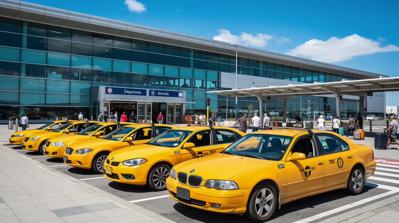A row of yellow taxis is parked outside the arrivals hall of Milas Bodrum Airport on a sunny day, ready to provide convenient airport transfers to Bodrum city center. The scene captures the hustle of passengers arriving and the availability of transport options for a pleasant ride to their destinations.