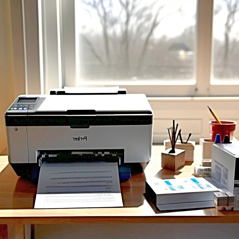 A white printer in a sunlit room next to various supplies