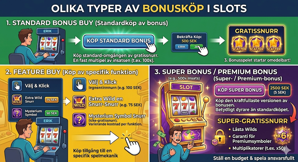 Olika typer av bonus buy i slots – standard bonus, feature buy och premium bonus förklarade