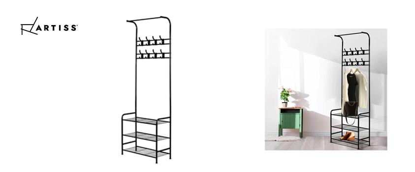 An Artiss shoe rack with shelves, black. It can also be repurposed as a garment rack or open wardrobe.