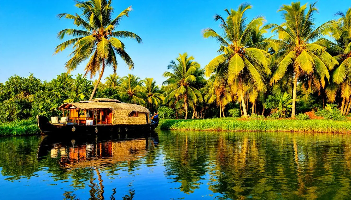A serene backwater scene features a traditional houseboat gently floating on calm waters, surrounded by lush palm trees, embodying the natural beauty and peaceful atmosphere of South India. This picturesque setting is an ideal spot for nature lovers seeking a tranquil boat ride during the pleasant weather of October.