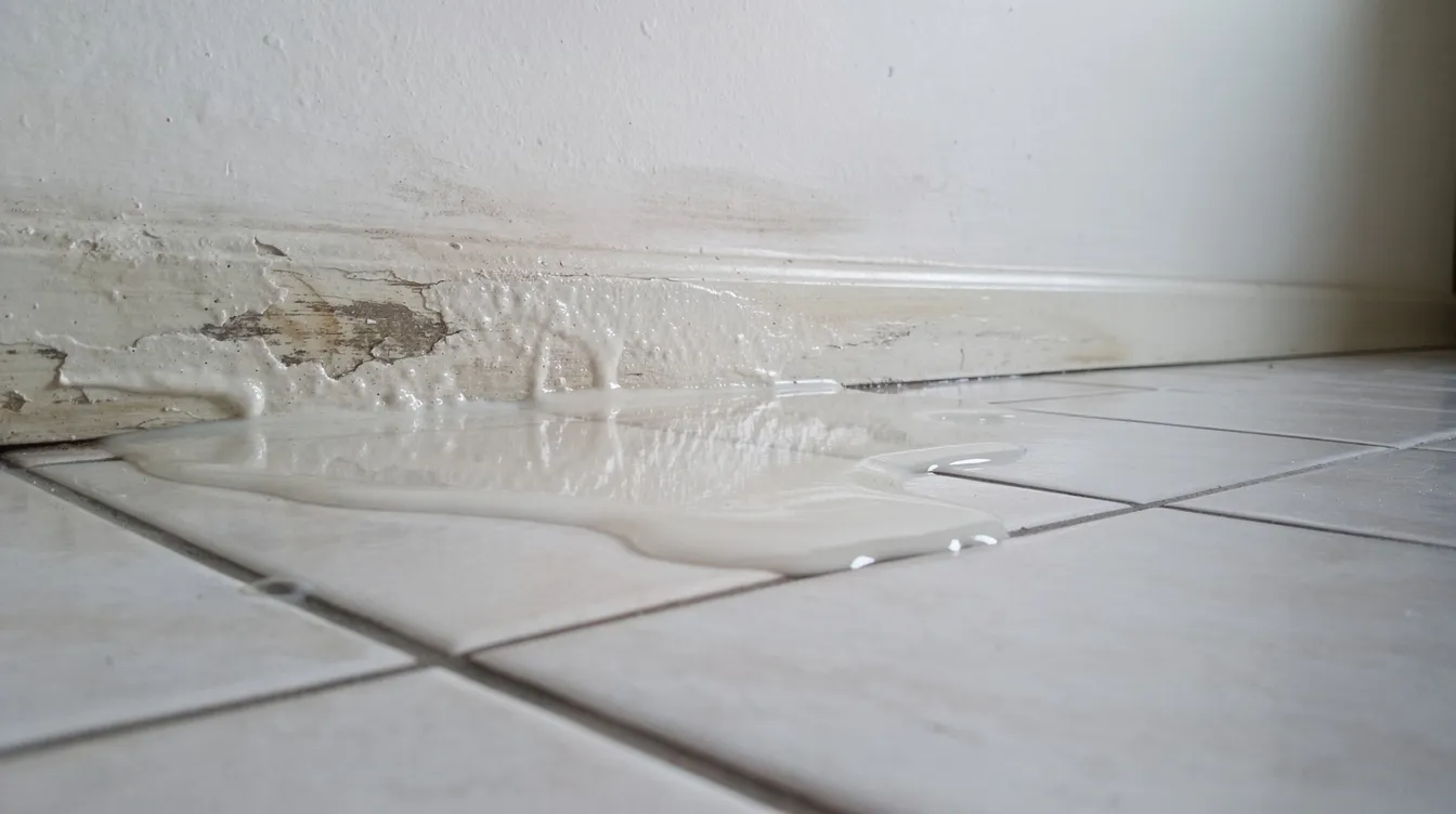 The image shows water pooling on tile flooring near a wall, indicating possible moisture damage often associated with slab leaks. This situation may require immediate attention to prevent further damage to the home's concrete foundation and plumbing system.